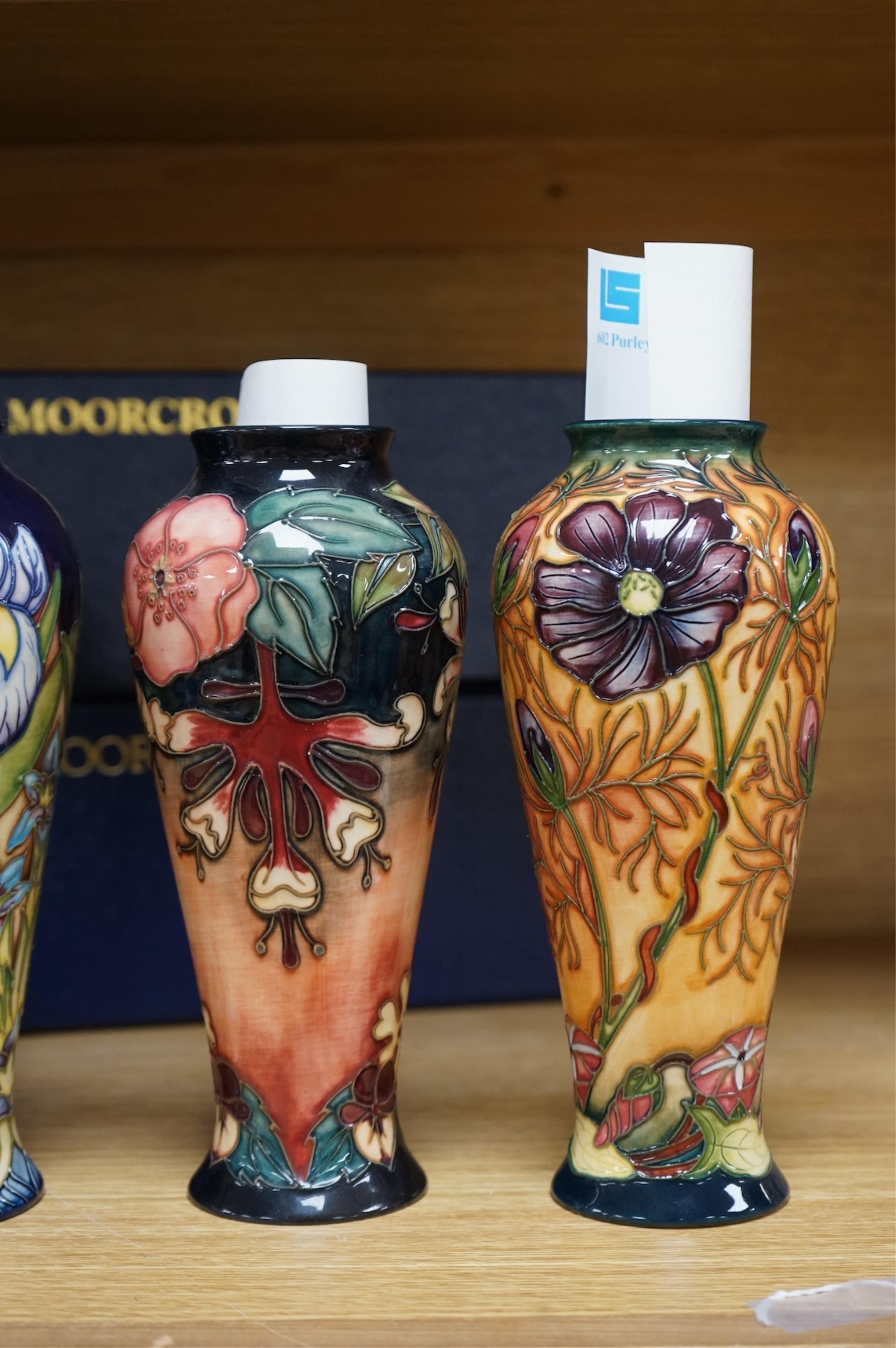 Five boxed Moorcroft vases - Geneva, Meadow Cranesbill, Cosmos, Oberon and Charles Rennie Macintosh patterns, 20.5cm